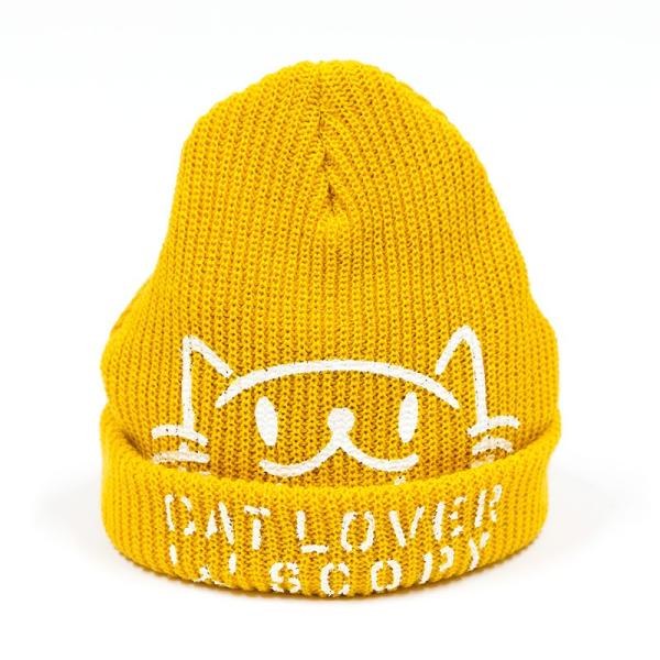 猫 おもしろ かわいい ニットキャップ CAT LOVER マスタード ネコ ねこ 猫柄 雑貨 キャ...