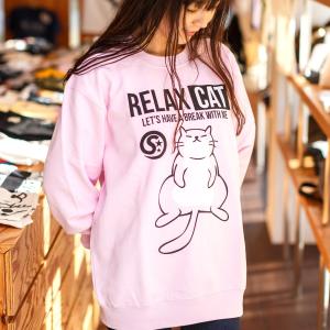 猫 おもしろ かわいい 長袖 トレーナー メンズ レディース RELAX CAT - ライトピンク ネコ ねこ 猫柄 雑貨 SCOPY スコーピー