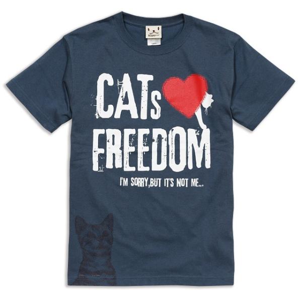 猫 おもしろ かわいい Tシャツ メンズ レディース 半袖 FREEDOM - デニム ネコ ねこ ...
