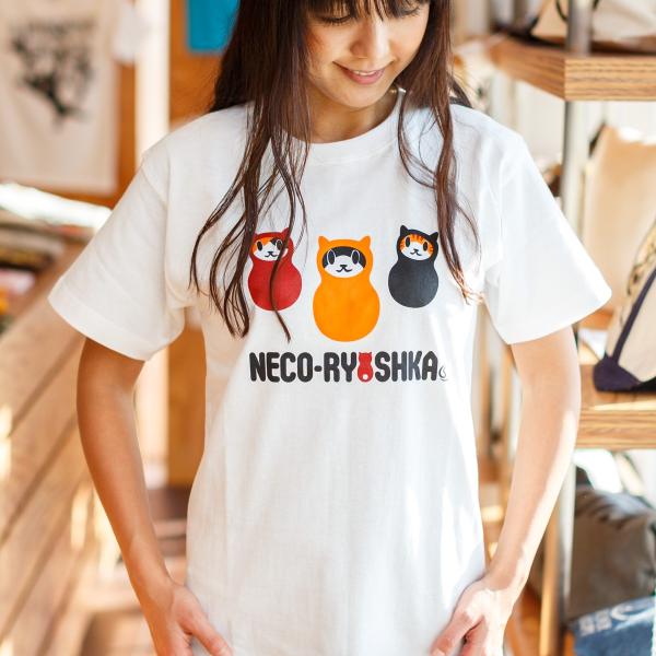 猫 おもしろ かわいい Tシャツ メンズ レディース 半袖 NECO-RYOSHKA - ホワイト ...