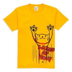 猫 おもしろ かわいい Tシャツ メンズ レディース 半袖 JUMP - ゴールドイエロー ネコ ねこ 猫柄 雑貨 - メール便 - SCOPY スコーピー｜55scopy