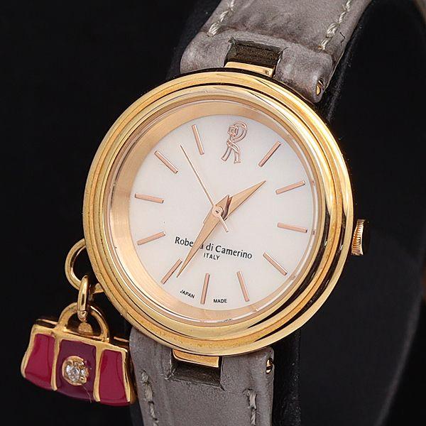 ロベルタ ディ カメリーノ QZ ホワイトシェル文字盤 石付 チャーム付 ラウンド レディース腕時計...