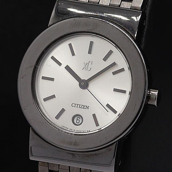 稼働 良品 シチズン QZ 9613-H18253 クロスシー デイト ラウンド シルバー文字盤 レ...