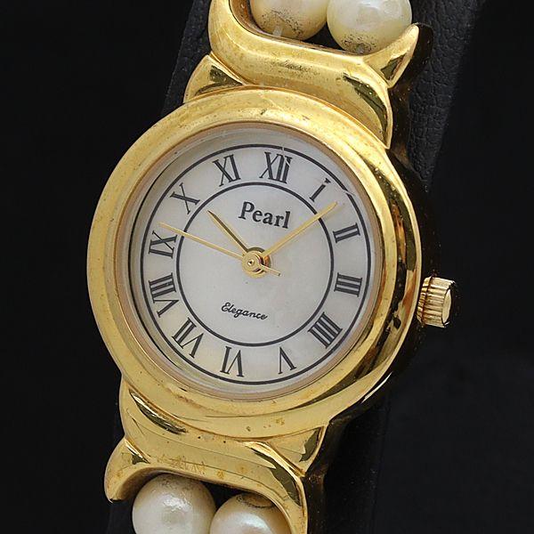 稼働 良品 パール エレガンス QZ ホワイトシェル文字盤 フェイクパールブレス ラウンド レディー...