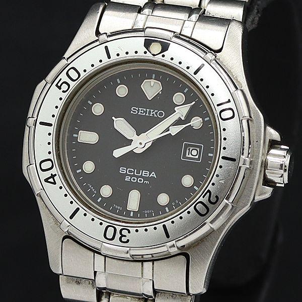 セイコー QZ 7N85-0010 スキューバ 200M デイト ラウンド 黒文字盤 レディース/ボ...
