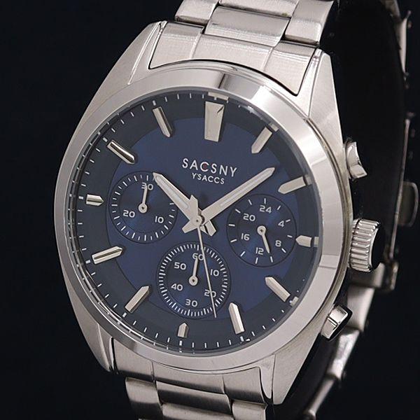 稼働 美品 QZ 箱/コマ4付 サクスニーイザック SY-15185 クロノグラフ 青文字盤 メンズ...