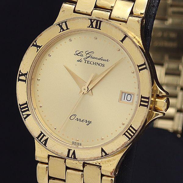 稼働 良品 テクノス QZ111080.35 グランドール ゴールド文字盤 ローマン ラウンド メン...