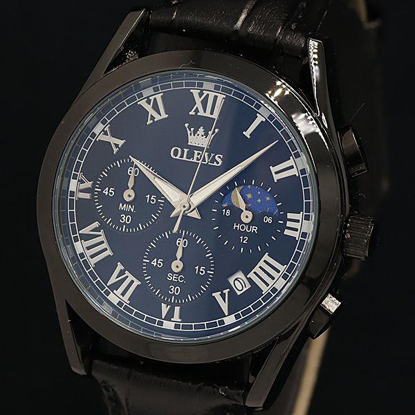 良品 QZ 箱付 オレブス 2871G デイト ムーンフェイズ クロノグラフ 黒文字盤 メンズ腕時計...