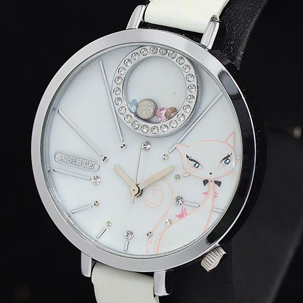 稼動 アビステ 猫柄 QZ 石付 ホワイトシェル文字盤 レディース腕時計 KTR 2000000 N...
