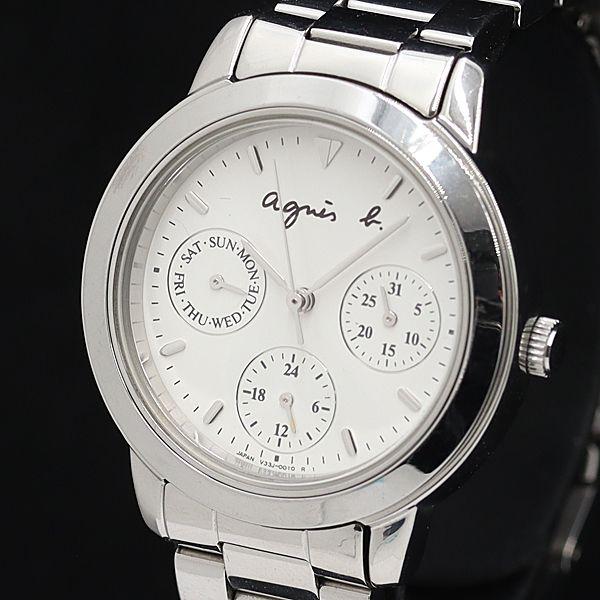 保/箱/コマ3付 稼働 良品 アニエスベー QZ V33J-0010 白文字盤 クロノグラフ メンズ...