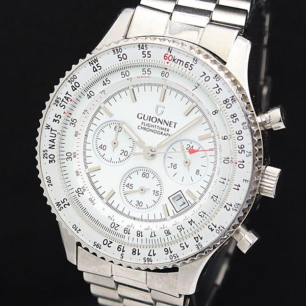 良品 ギオネ フライトタイマー クロノグラフ QZ ホワイト文字盤 デイト メンズ腕時計 DOI 2...