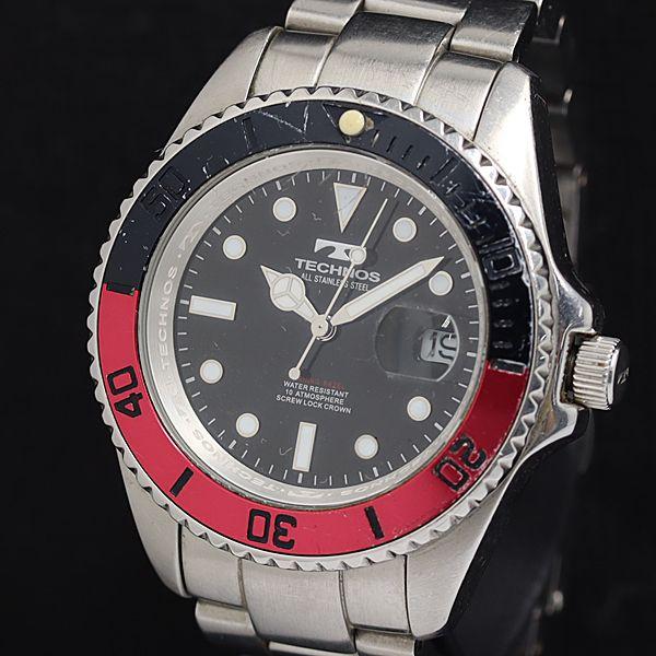 稼動 良品 テクノス QZ TSM402 ブラック文字盤 デイト ラウンド ネイビー×ピンクベゼル ...