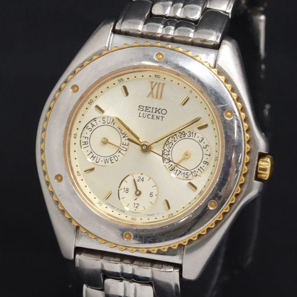 稼動 QZ 良品 セイコー ルーセント 5Y89-0A30 ゴールド文字盤 デイデイト レディース腕...