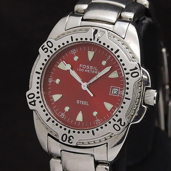 稼動 フォッシル QZ FS-2568 レッド文字盤 ラウンド デイト 回転ベゼル シルバー メンズ...