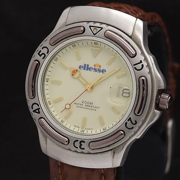 稼動 エレッセ QZ 03-0027 イエロー文字盤 ラウンド デイト 回転ベゼル メンズ腕時計 2...