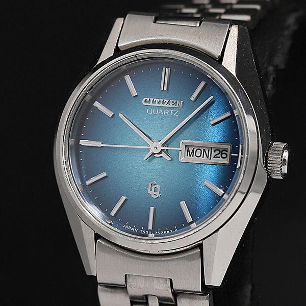 稼働 良品 シチズン QZ 4-75171 ブルー文字盤 デイデイト ラウンド レディース腕時計 T...
