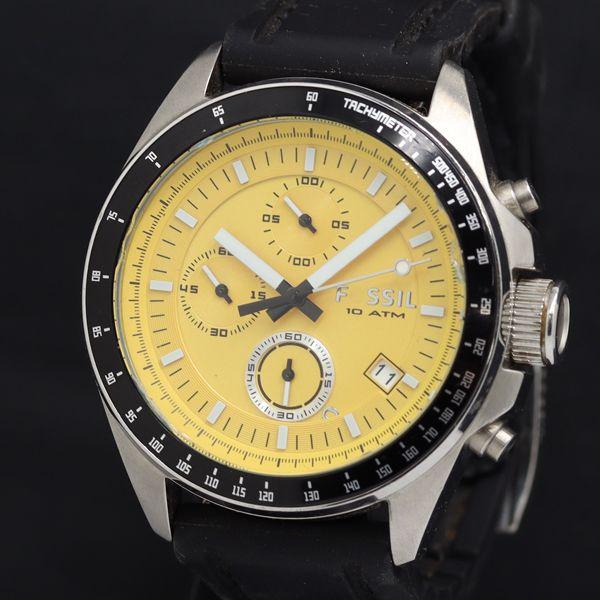 稼動 QZ 良品 フォッシル CH-2648 251004 黄色文字盤 クロノ デイト メンズ腕時計...