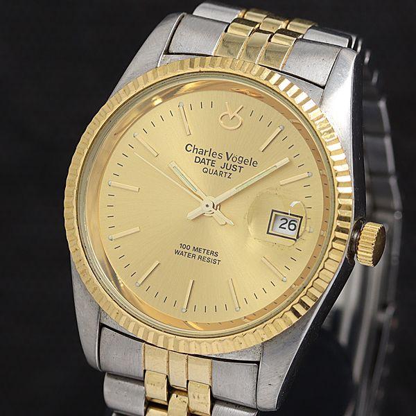 稼動 良品 シャルルホーゲル QZ CV7292 ゴールド文字盤 ラウンド デイト ゴールド×シルバ...