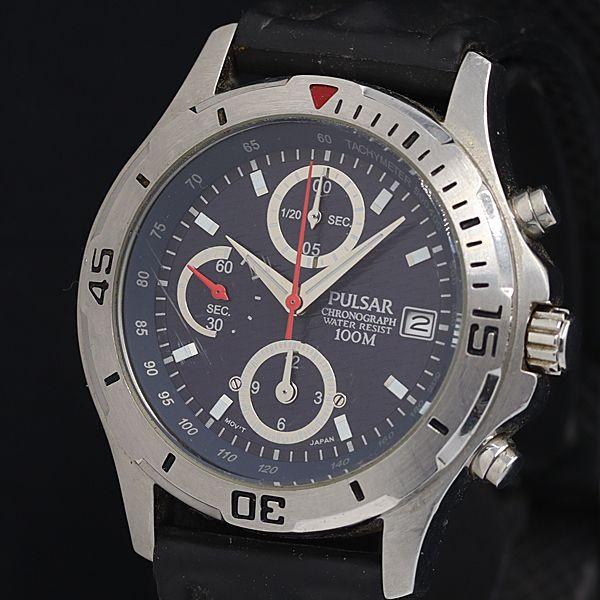稼動 セイコー パルサー YM92-X085 QZ クロノグラフ 100ｍ 黒文字盤 デイト メンズ...