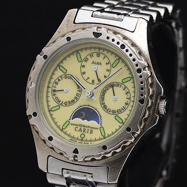セイコー アルバ カリブ QZ クロノグラフ イエロー文字盤 ムーンフェイズ V33F-6B20 メ...