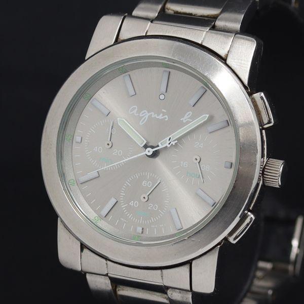 稼動 QZ 良品 保/箱付 アニエスベー V654-0A10 シルバー文字盤 クロノ レディース腕時...