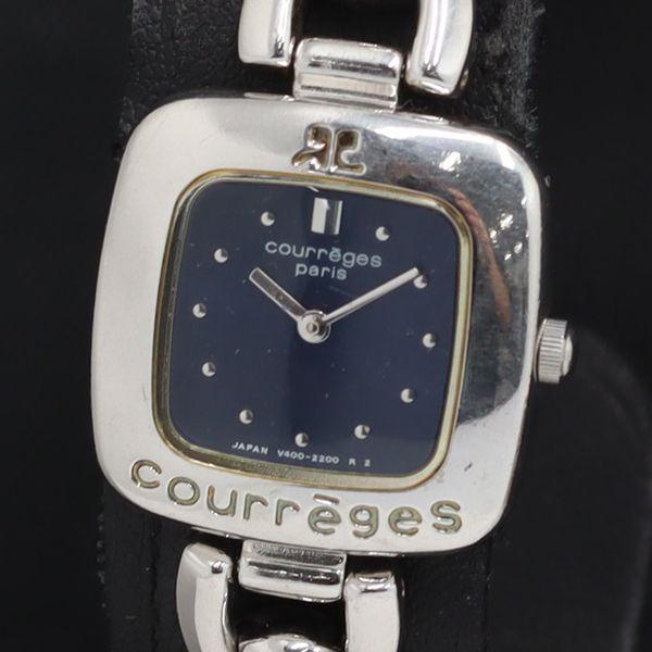 稼動 QZ 良品 保/箱付 クレージュ V400-5660 ネイビー文字盤 レディース腕時計 KRK...