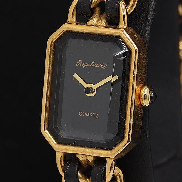 稼動 ロイヤルエクセル QZ カットガラス スクエア 黒文字盤 レディース腕時計 2000000 N...