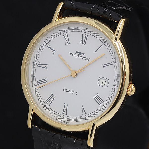稼動 良品 テクノス QZ A1901Z ホワイト文字盤 ラウンド デイト ゴールド メンズ腕時計 ...