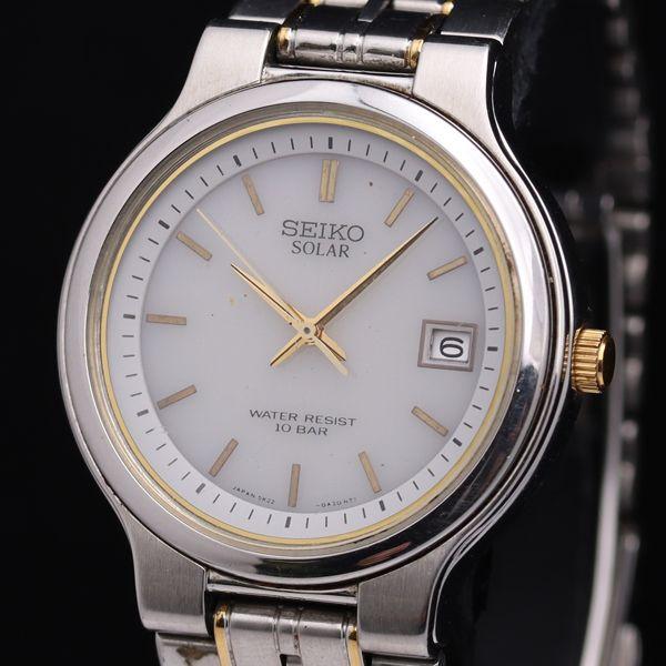 稼動 良品 セイコー セイコーソーラー 5K22-OA3O QZ 白文字盤 デイト ラウンド メンズ...