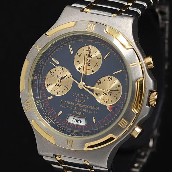 セイコー QZ カリブ クロノグラフ 100M N944-6A40 ネイビー文字盤 ラウンド  メン...