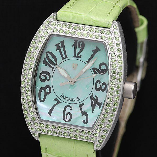 稼働 良品 ランカスタ アルミニウム 0248 QZ グリーンシェル文字盤 ベゼル石付 レクタンギュ...