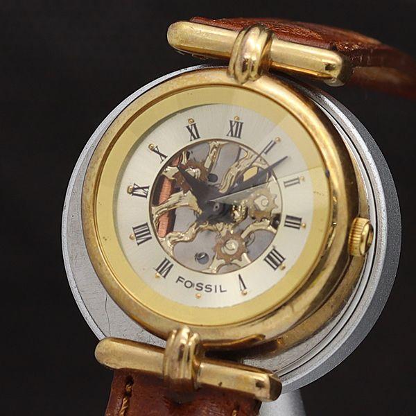 稼動 フォッシル QZ スケルトン文字盤 ラウンド ゴールド カットガラス メンズ/レディース腕時計...