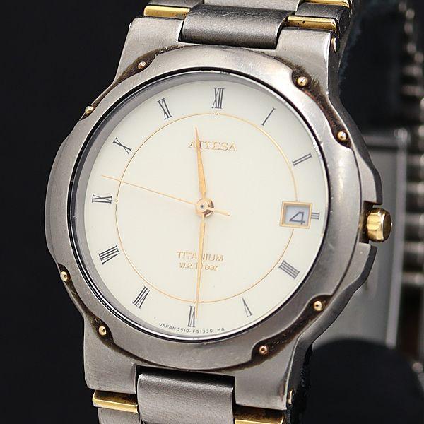 稼働 良品 アテッサ シチズン 5510-F50069 QZ 白文字盤 デイト ラウンド メンズ腕時...