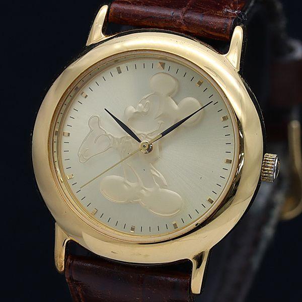 稼動 良品 東京ディズニーランド QZ ミッキーマウス ラウンド ゴールド文字盤 メンズ腕時計 20...