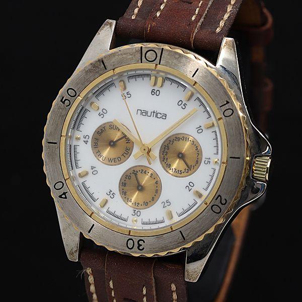 1円 箱付 ノーティカ QZ クロノグラフ ホワイト文字盤 メンズ腕時計 KMR 0561000 8...