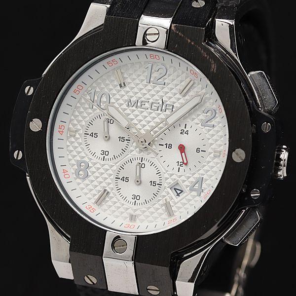 稼働 メギル QZ ホワイト文字盤 クロノグラフ デイト シルバー M:2050 メンズ腕時計 KM...