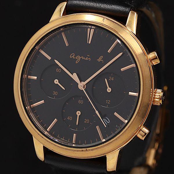 稼働 アニエスベー QZ クロノグラフ VD53-KWB0 ブラック文字盤 メンズ腕時計  KMR ...