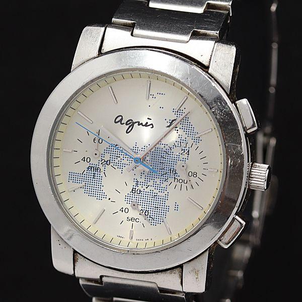 希少 稼働 アニエスベー QZ シルバー文字盤 クロノグラフ V654-0AF0 世界地図 ワールド...