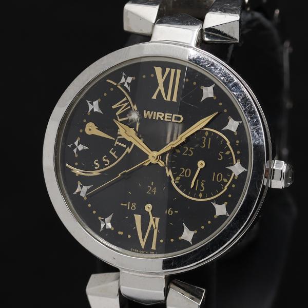 稼働 セイコー ワイアード 5Y66-0AM0 カレンダー ラウンド カットガラス QZ ブラック文...