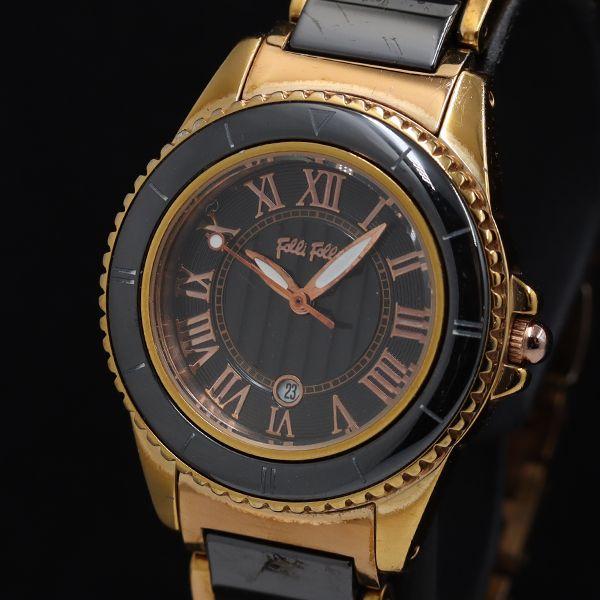 稼働 フォリフォリ WF6R069BD デイト ラウンド QZ ブラック文字盤 レディース腕時計 T...