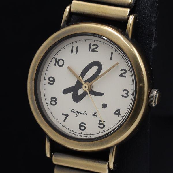 稼働 アニエスベー V701-6220 ラウンド QZ アイボリー文字盤 レディース腕時計 TKD ...