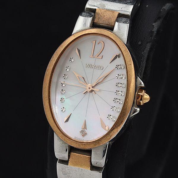 稼動 セイコー QZ ワイアード 1N01-0MC0 ホワイトシェル文字盤 オーバル 石付 ゴールド...