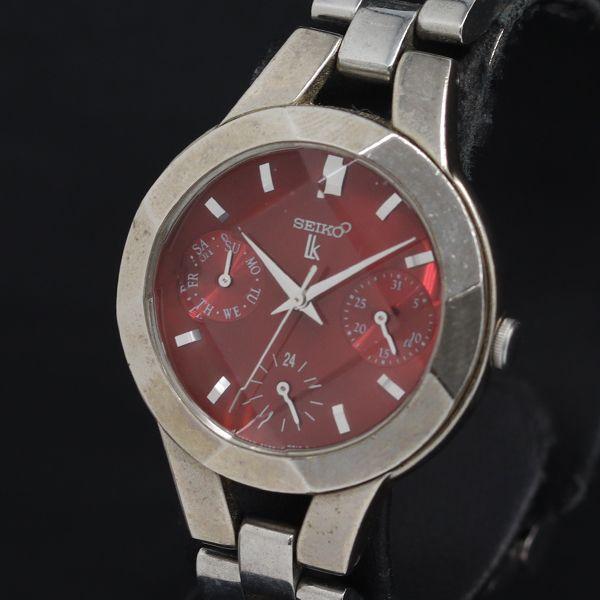 稼動 QZ セイコー カットガラス ルキア 5Y89-0A70 赤文字盤 デイデイト レディース腕時...