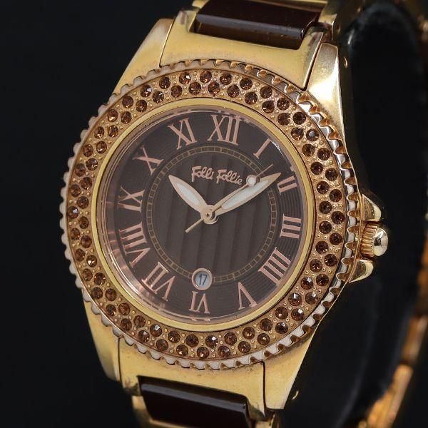 稼動 QZ 良品 石付 フォリフォリ WF1R037BD ブラウン文字盤 デイト レディース腕時計 ...