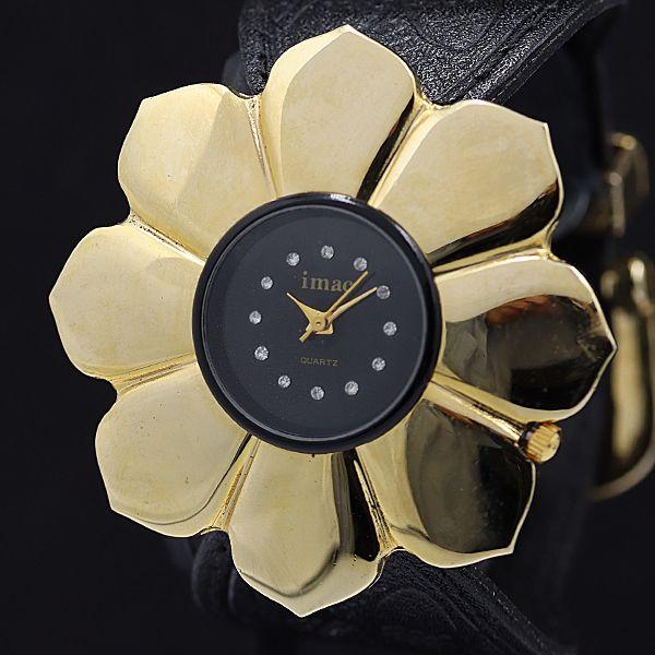 イマック QZ 石付 ブラック文字盤 フラワー型 花形 ヴィンテージ レディース腕時計 KMR 20...
