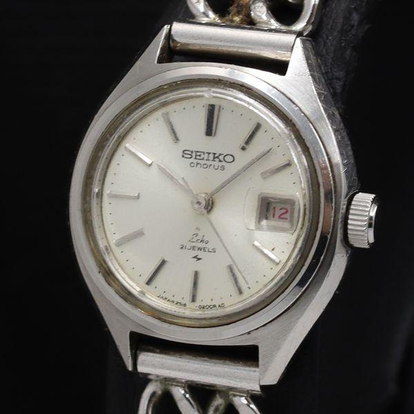 稼働 セイコー コーラス 21石 2518-0110 デイト ラウンド QZ シルバー文字盤 レディ...