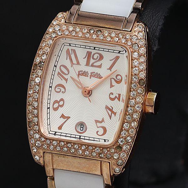 稼働 良品 フォリフォリ WF5R135BD QZ シルバー文字盤 デイト ストーンベゼル レディー...