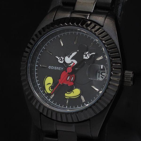 稼働 ディズニー ミッキーマウス デイト ラウンド QZ ブラック文字盤 レディース腕時計 TKD ...