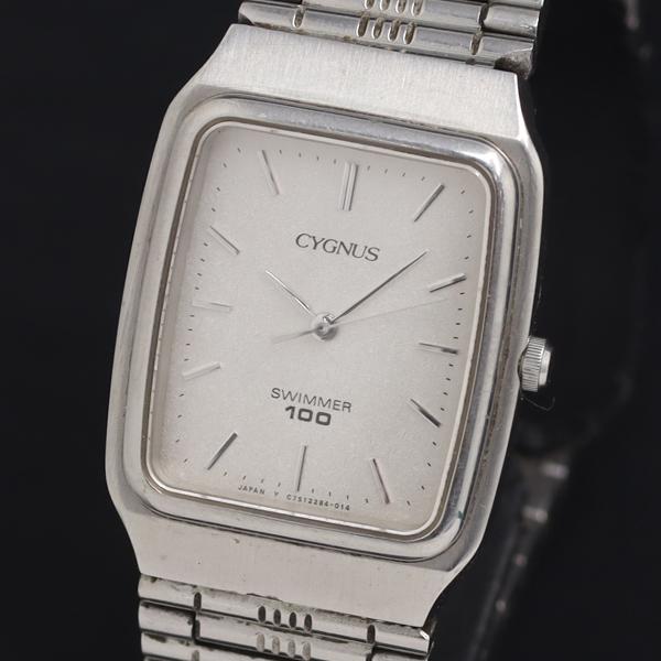 稼動 QZ 良品 オリエント CYGNUS スイマー100M C75328-40 シルバー文字盤 レ...