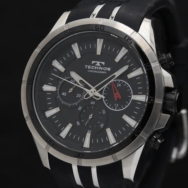 稼働 テクノス T7A68 クロノグラフ デイト ラウンド QZ ブラック文字盤 メンズ腕時計 TK...